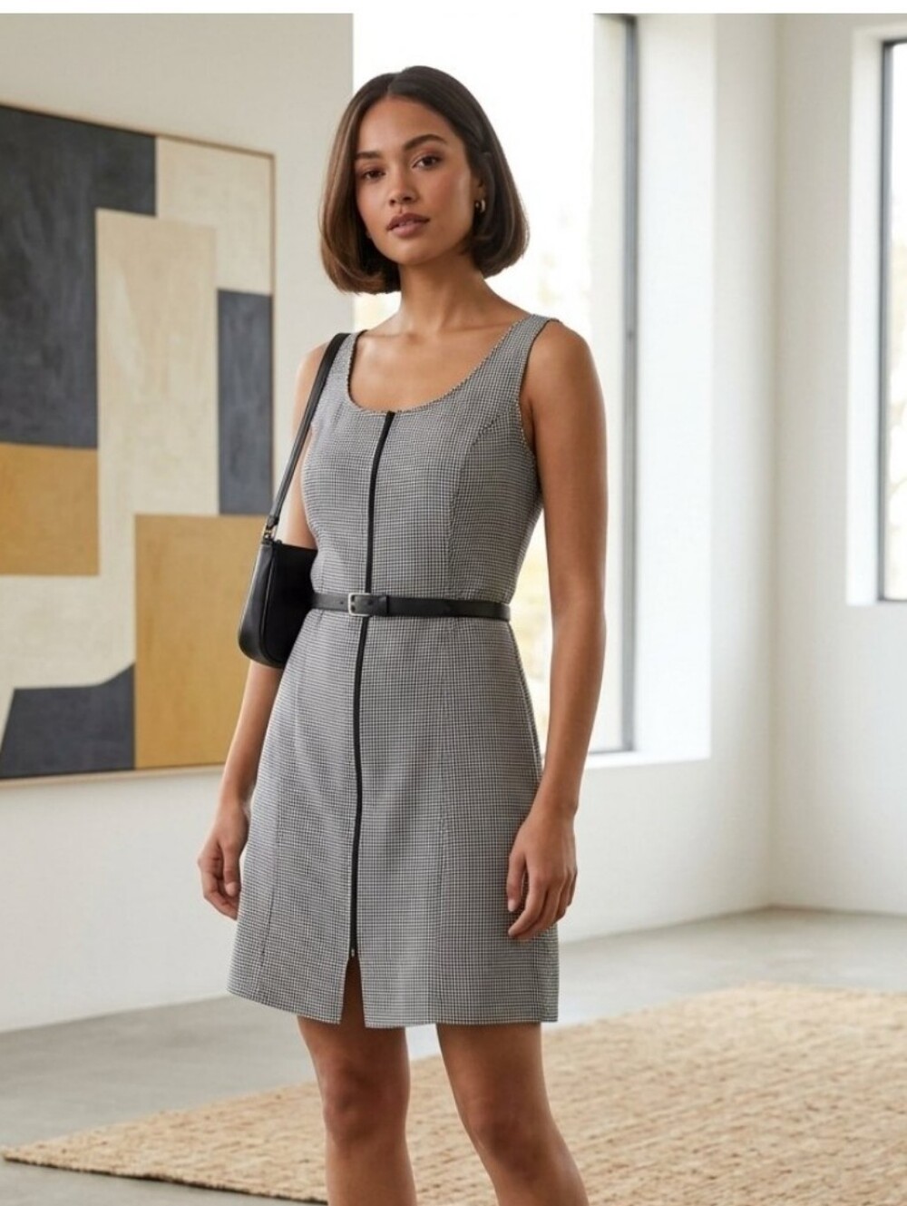 Vintage 90s Sleeveless Mini Dress Grey Houndstooth Whimsigoth Dark Academia US11